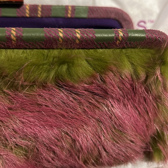 Pink & Green Fur Clutch with Tartan Plaid-NWT - Picture 5 of 6